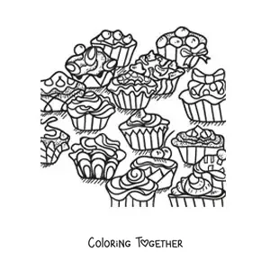 Coloring page of glazed cupcakes with bows and geometric shapes
