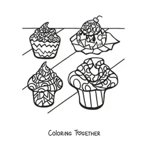 Coloring page of cupcakes with geometric shapes in the frosting