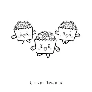 Coloring page of three animated kawaii cupcakes
