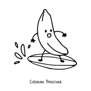 Coloring page of an animated banana surfing