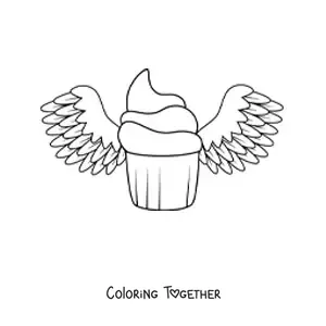 Coloring page of a glazed cupcake with wings