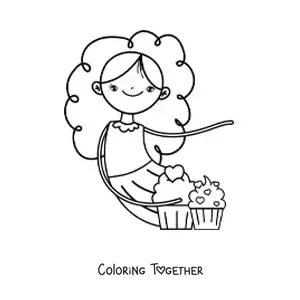 Coloring page of a girl with two glazed cupcakes with hearts