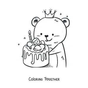 Coloring page of a bear with a strawberry cake