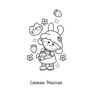 Coloring page of a girl with kawaii strawberries