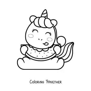 Coloring page of a unicorn eating watermelon