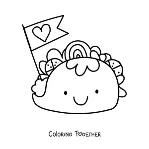 Coloring page of a kawaii taco with a heart pennant