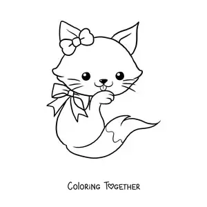 Coloring page of a big kawaii fox with a bow
