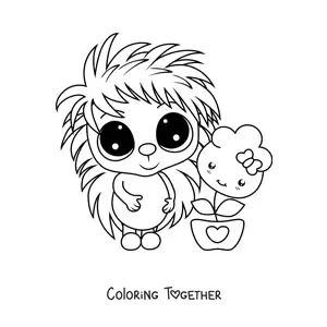 Coloring page of a big kawaii porcupine with a flower