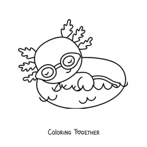 Coloring page of a big kawaii axolotl swimming