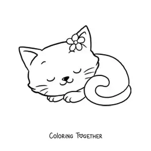 Coloring page of a big kawaii kitten with a flower