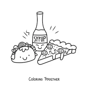 Coloring page of a kawaii taco with a bottle and a slice of pizza