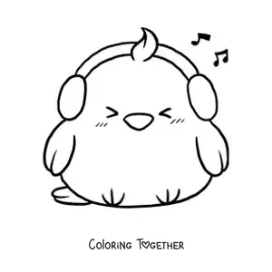 Coloring page of a kawaii chick with headphones