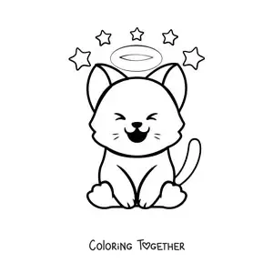 Coloring page of a kawaii cat with a halo