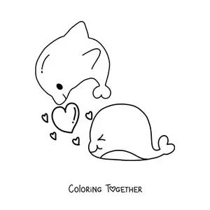 Coloring page of kawaii dolphins in love with hearts