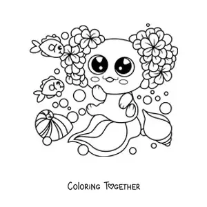 Coloring page of a big kawaii axolotl with flowers
