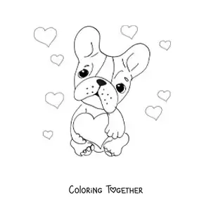 Coloring page of a French bulldog with hearts
