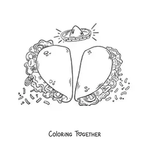 Coloring page of two heart-shaped tacos and a Mexican hat