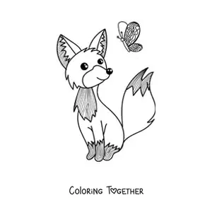 Coloring page of a fox and a butterfly