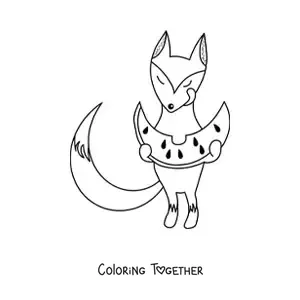 Coloring page of a fox eating watermelon