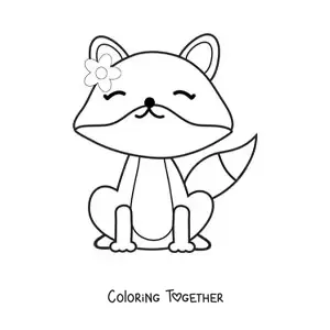 Coloring page of a kawaii fox sitting with a flower