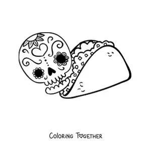 Coloring page of a taco with a Mexican catrina
