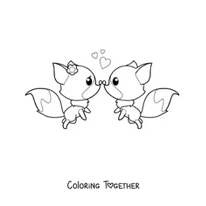 Coloring page of a pair of kawaii foxes