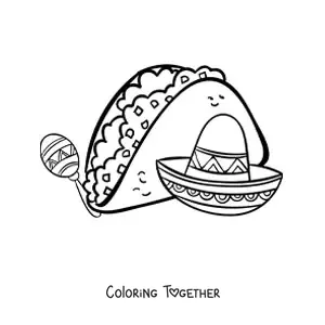 Coloring page of a taco with a Mexican hat and a maraca