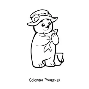Coloring page of a kawaii baby bear fishing
