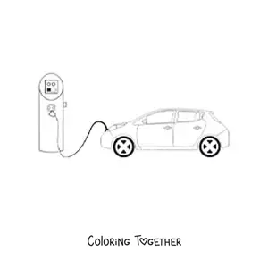Coloring page of an electric car charging at the service station