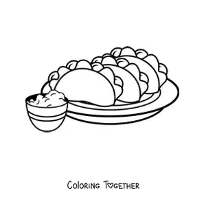 Coloring page of a plate of tacos with guacamole