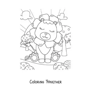 Coloring page of a cute lion sitting in a natural landscape