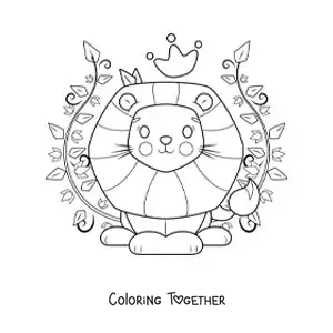 Coloring page of a kawaii lion with a crown