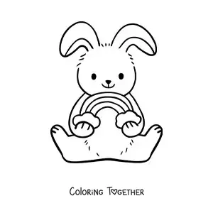 Coloring page of a cute rabbit sitting with a rainbow