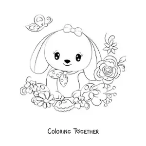 Coloring page of a kawaii rabbit with floppy ears and flowers