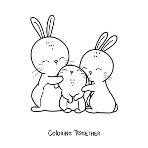 Coloring page of a family of rabbits hugging