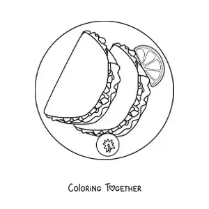 Coloring page of a plate of tacos with a tomato and a wedge of lime