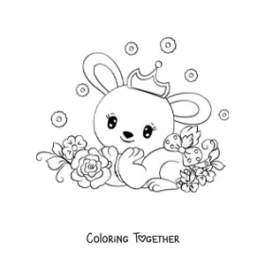Coloring page of a kawaii rabbit with a crown and flowers