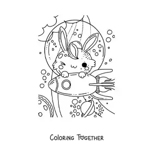 Coloring page of a cartoon rabbit on a rocket in space