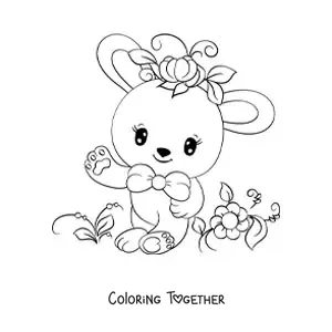 Coloring page of a kawaii cartoon rabbit with flowers