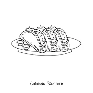 Coloring page of a plate of tacos with sauces