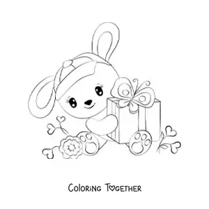 Coloring page of a kawaii rabbit with a gift