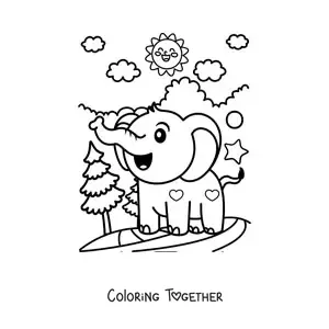 Coloring page of a kawaii baby elephant in the jungle