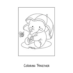 Coloring page of a kawaii baby elephant sitting with a butterfly