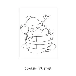 Coloring page of a kawaii baby elephant taking a bath