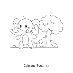 Coloring page of a kawaii cartoon elephant in its habitat