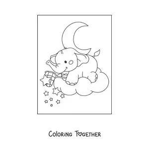 Coloring page of a kawaii baby elephant catching stars