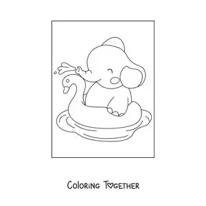 Coloring page of a kawaii baby elephant in the water