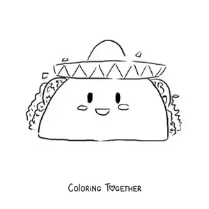 Coloring page of a kawaii taco with a Mexican hat