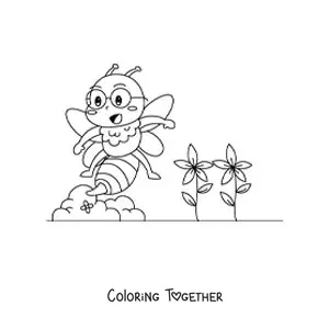 Coloring page of a kawaii cartoon bee with flowers