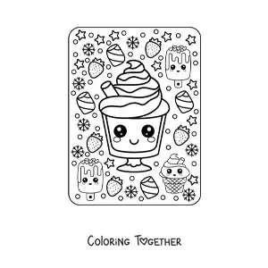 Coloring page of a kawaii ice cream sundae